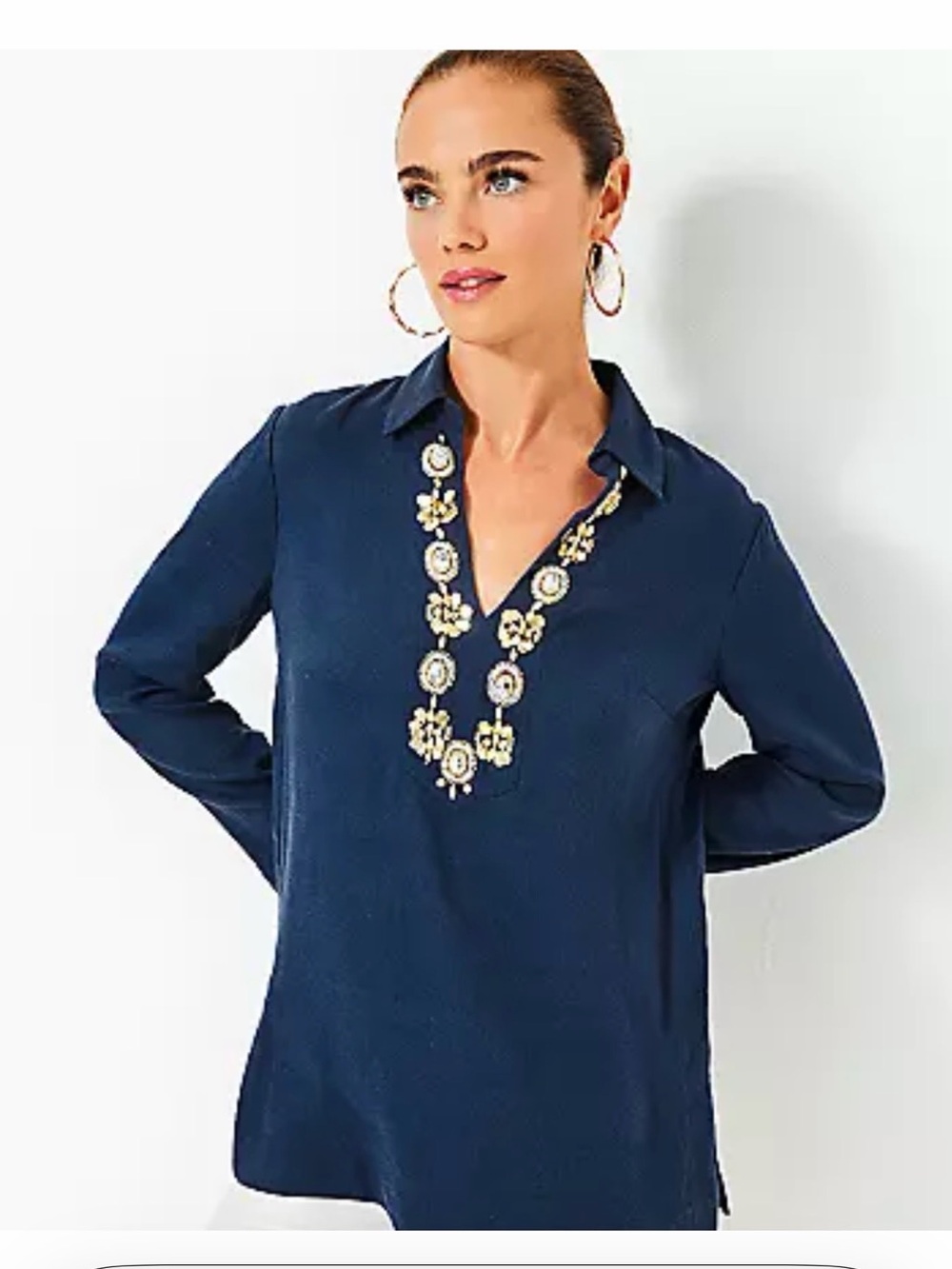 Lilly Pulitzer XL Navy Linen Blend Embellished Tunic Top Jeweled Neckline NWOT